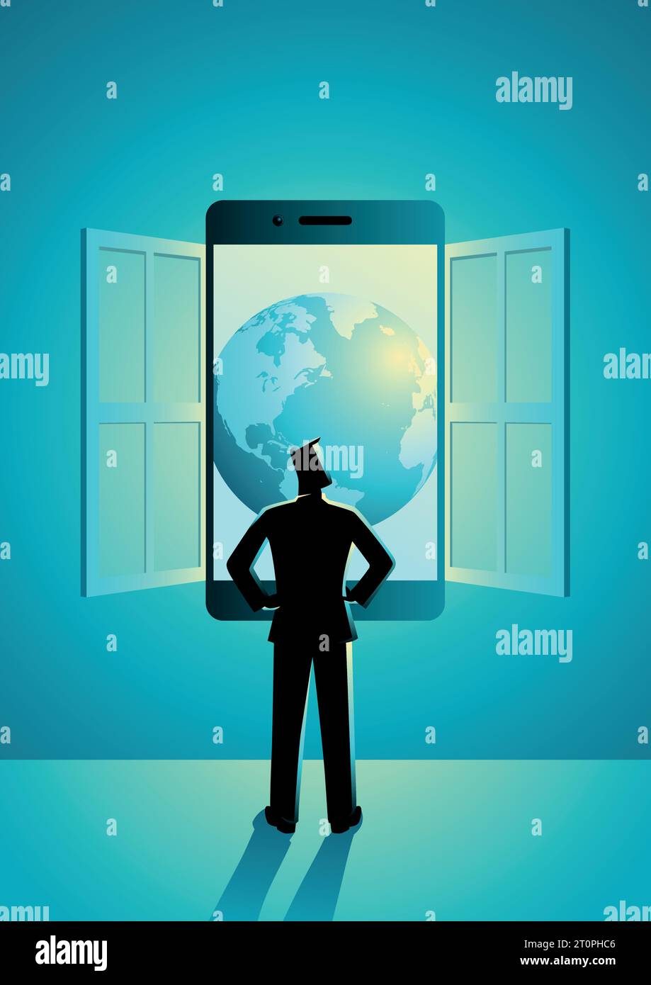 Illustrazione del concetto di business di un uomo d'affari che guarda attraverso la finestra realizzata con uno smartphone. Tecnologia moderna, conoscenza, concep del mondo digitale Illustrazione Vettoriale