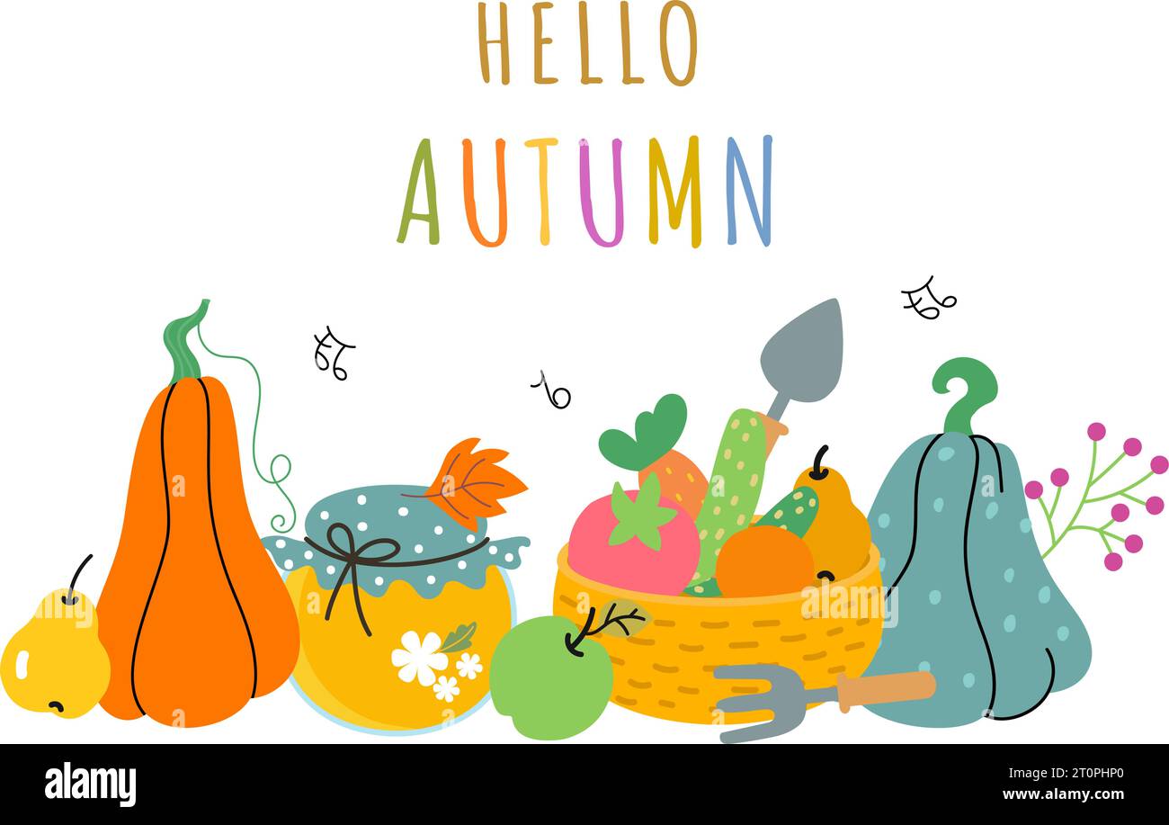 Sfondo per il raccolto autunnale con cestino di zucche e verdure. Agricoltura piantagione fresca mercato alimentare, prodotti ecologici grezzi agricoli elementi vettoriali Illustrazione Vettoriale