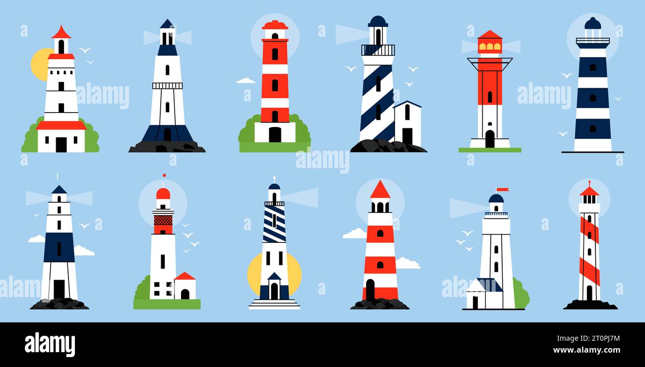 Fari isolati sulla costa. Faro piatto, stormo di uccelli, nuvole e sole. Elementi dell'oceano marino, simbolo di libertà e sicurezza, vettore decente Illustrazione Vettoriale