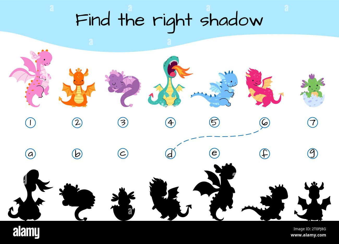 Trova un gioco ombra. Giocattolo educativo di carta infantile con draghi carini da cartone animato. Sviluppo di giochi, dinos personaggi e ombre, template vettoriali di oggi Illustrazione Vettoriale