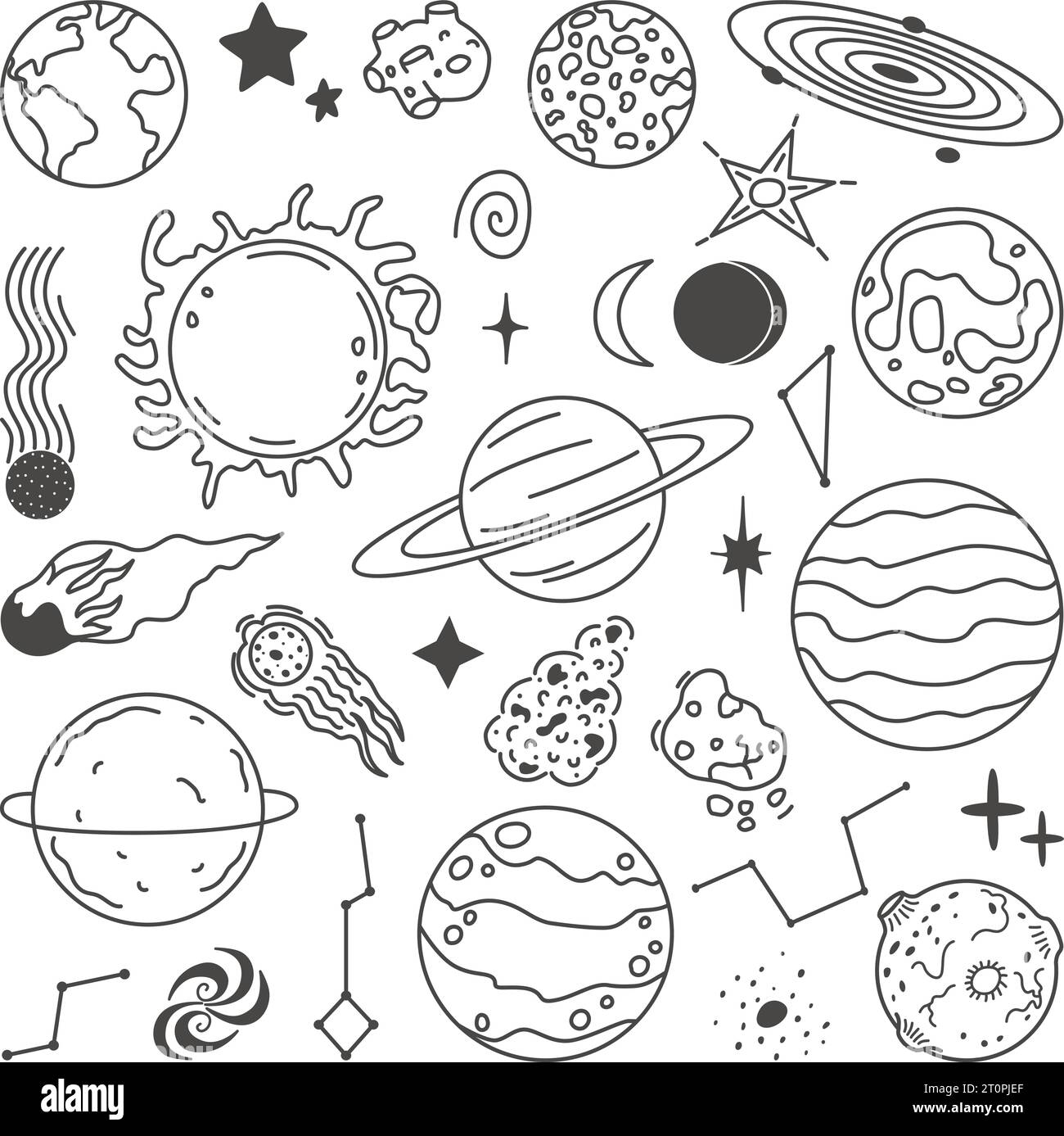 Pianeti Doodle, pianeti di schizzo spaziali e stelle. Icone astronomiche, sole astratto, luna e terra. Sistema solare, insieme di vettori neoterici celesti Illustrazione Vettoriale