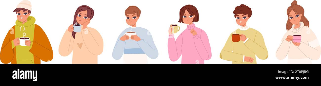La gente beve bevande calde. Le donne tengono una tazza da tè, un latte caldo o una tazza da caffè. Giovane che tiene in mano bevande e cioccolatini con i suoi personaggi vettoriali Illustrazione Vettoriale
