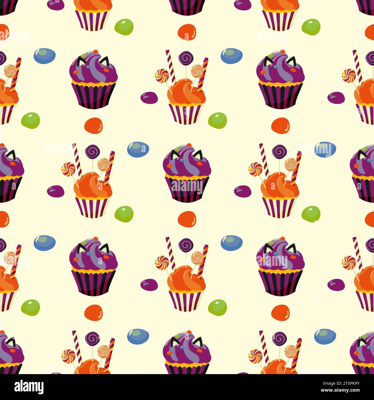 Motivo senza cuciture con cupcake. Sfondo colorato con caramelle, lecca lecca, cioccolato con glassa di zucchero, cupcake. Modello per tessuto, carta da parati, wrappi Illustrazione Vettoriale