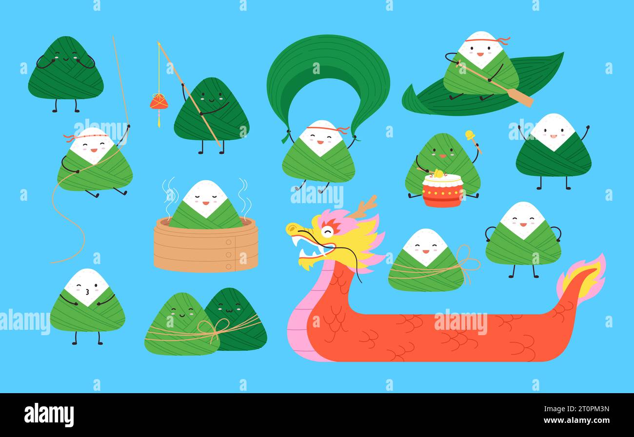 Personaggi di ravioli di riso, elementi del festival della barca drago dei cartoni animati. Cibo orientale sano, divertente zongzi. Carino gnocchi cinesi Illustrazione Vettoriale