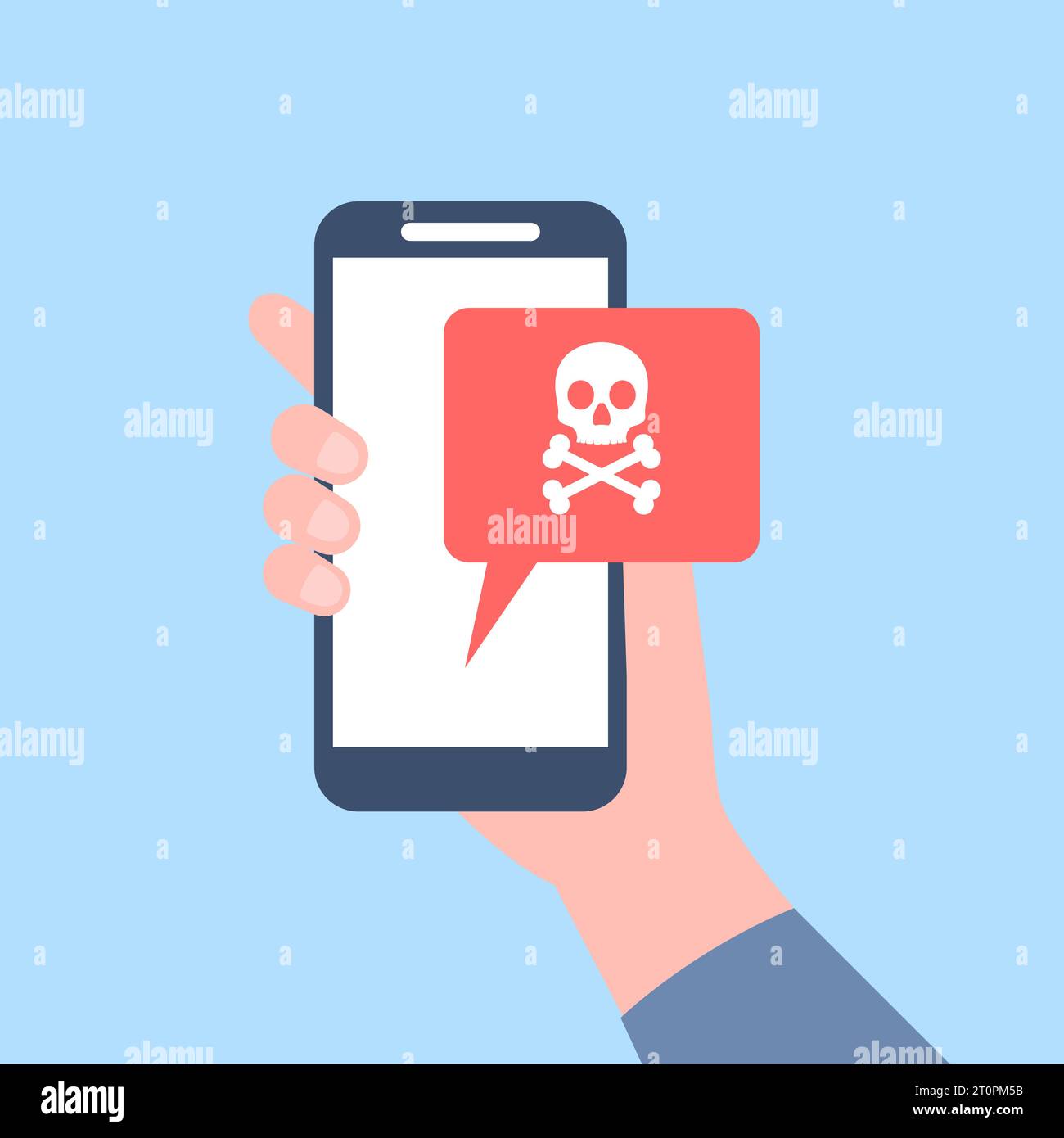 Avviso virus sullo schermo dello smartphone in mano maschile. Notifica di avviso relativa a messaggi spam o truffatori. Non sicuro, truffa online digitale, recente concetto vettoriale Illustrazione Vettoriale