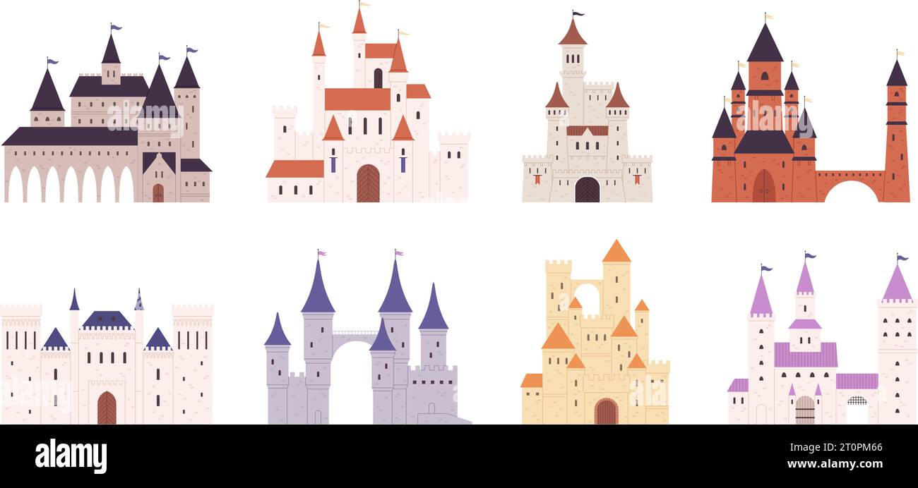 Esterno dei castelli di fantasia dei cartoni animati. Castello medievale e torri, fortezze in pietra. Architettura da favola, edifici fortificati gotici e vettoriali Illustrazione Vettoriale