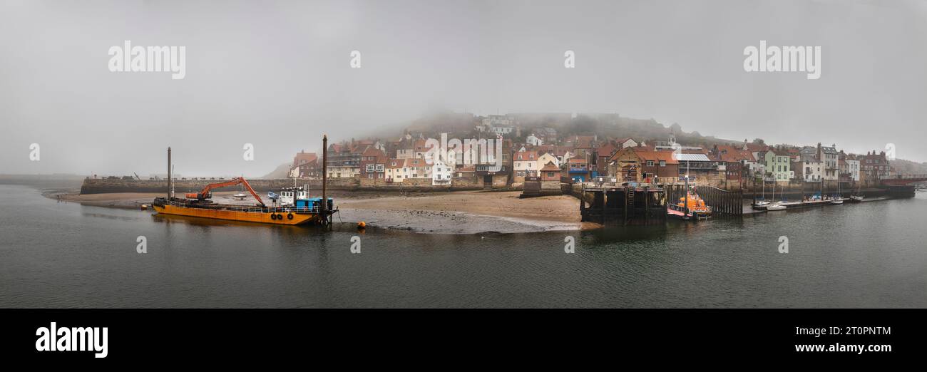 Whitby è una città di mare nello Yorkshire, nel nord dell'Inghilterra, divisa dal fiume Esk. Foto Stock