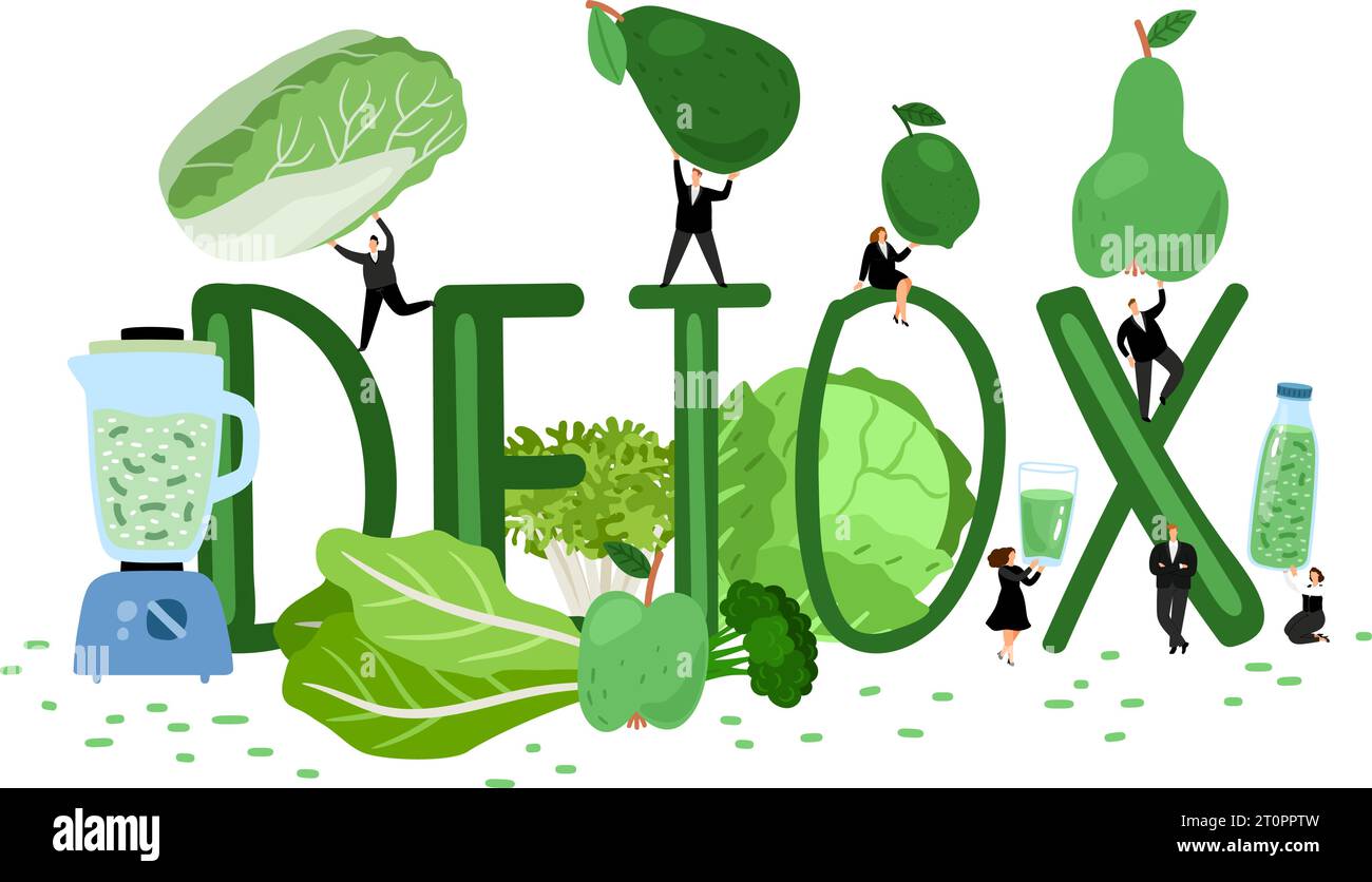Detossire il cocktail con acqua, verdura e frutta nella caraffa. Illustrazione vettoriale di dieta sana con le persone piccole. Frullati freschi per una vita sana. Bevanda energetica verde con cocktail disintossicanti Illustrazione Vettoriale