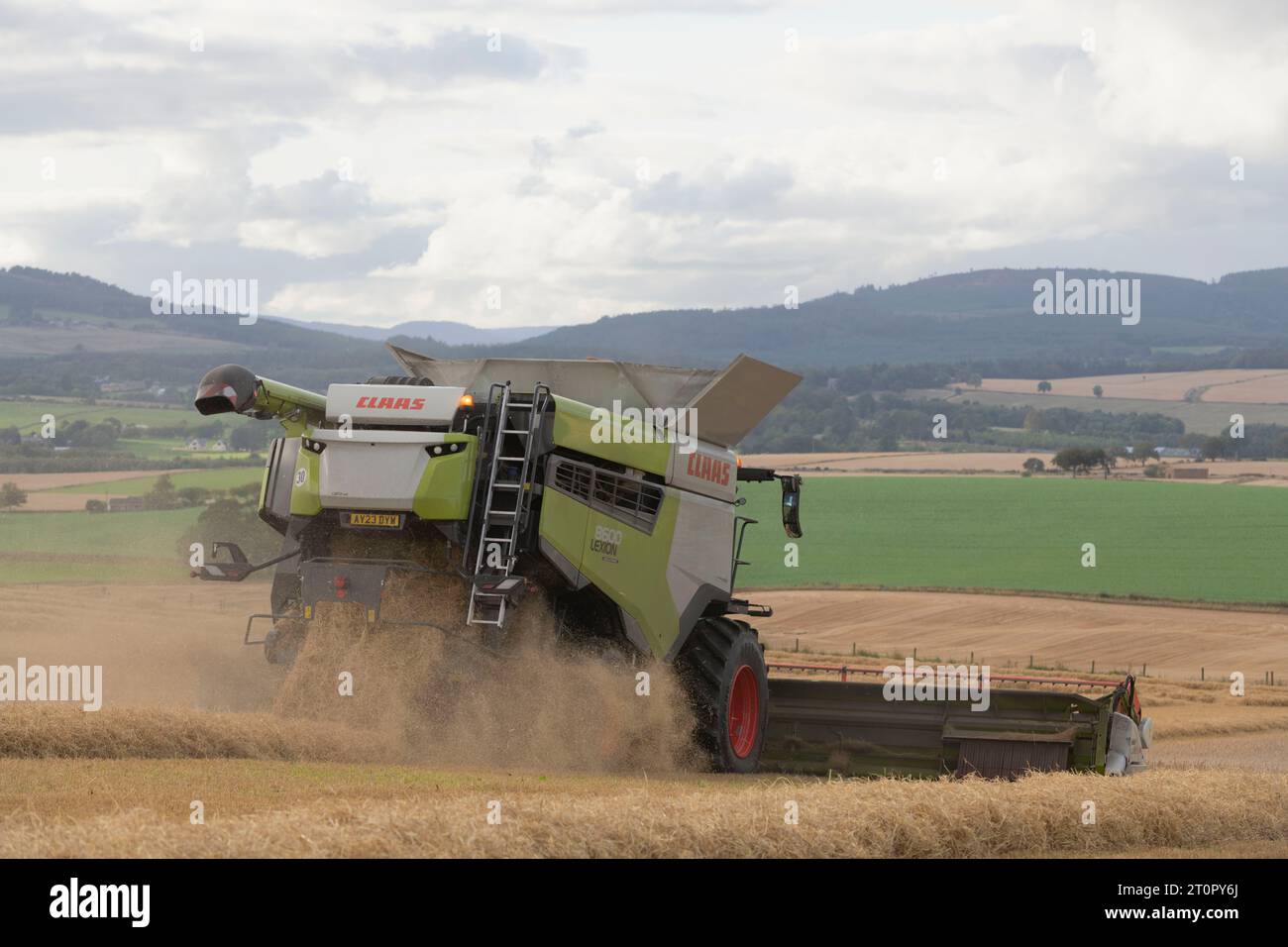 Una mietitrebbia Claas che opera in un campo di orzo visto da dietro per produrre paglia con nuvole di detriti Foto Stock