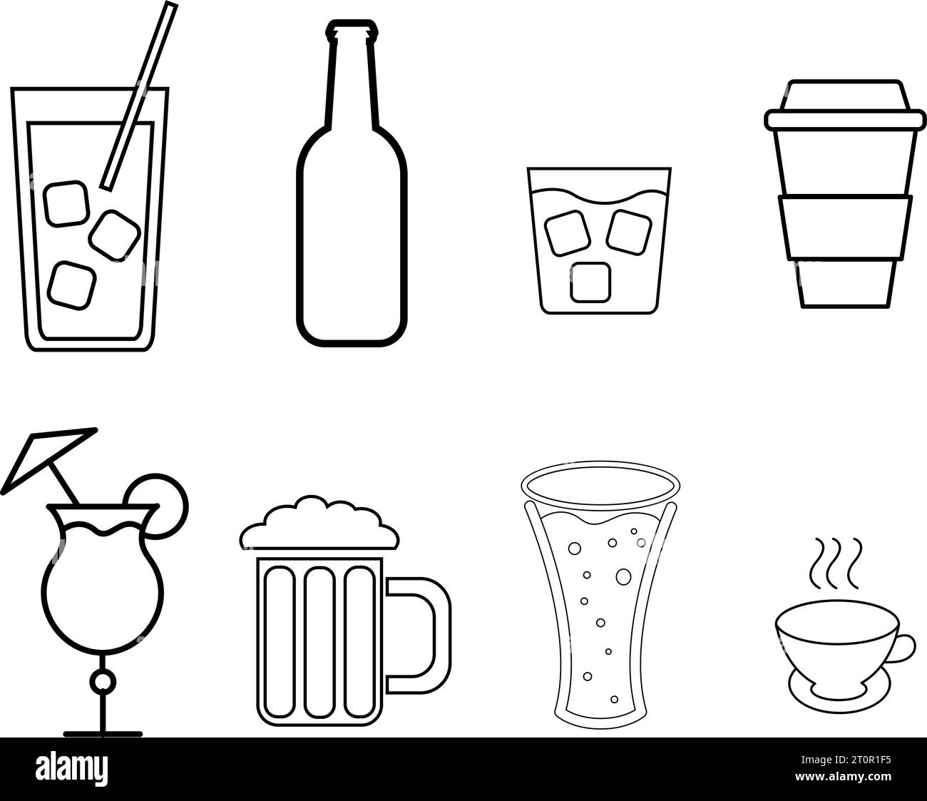 Una serie di semplici icone in bianco e nero di bevande alcoliche per il bar, caffetteria: Cocktail, bicchieri, birra, bottiglie, whiskey, caffè, tè su un bac bianco Illustrazione Vettoriale