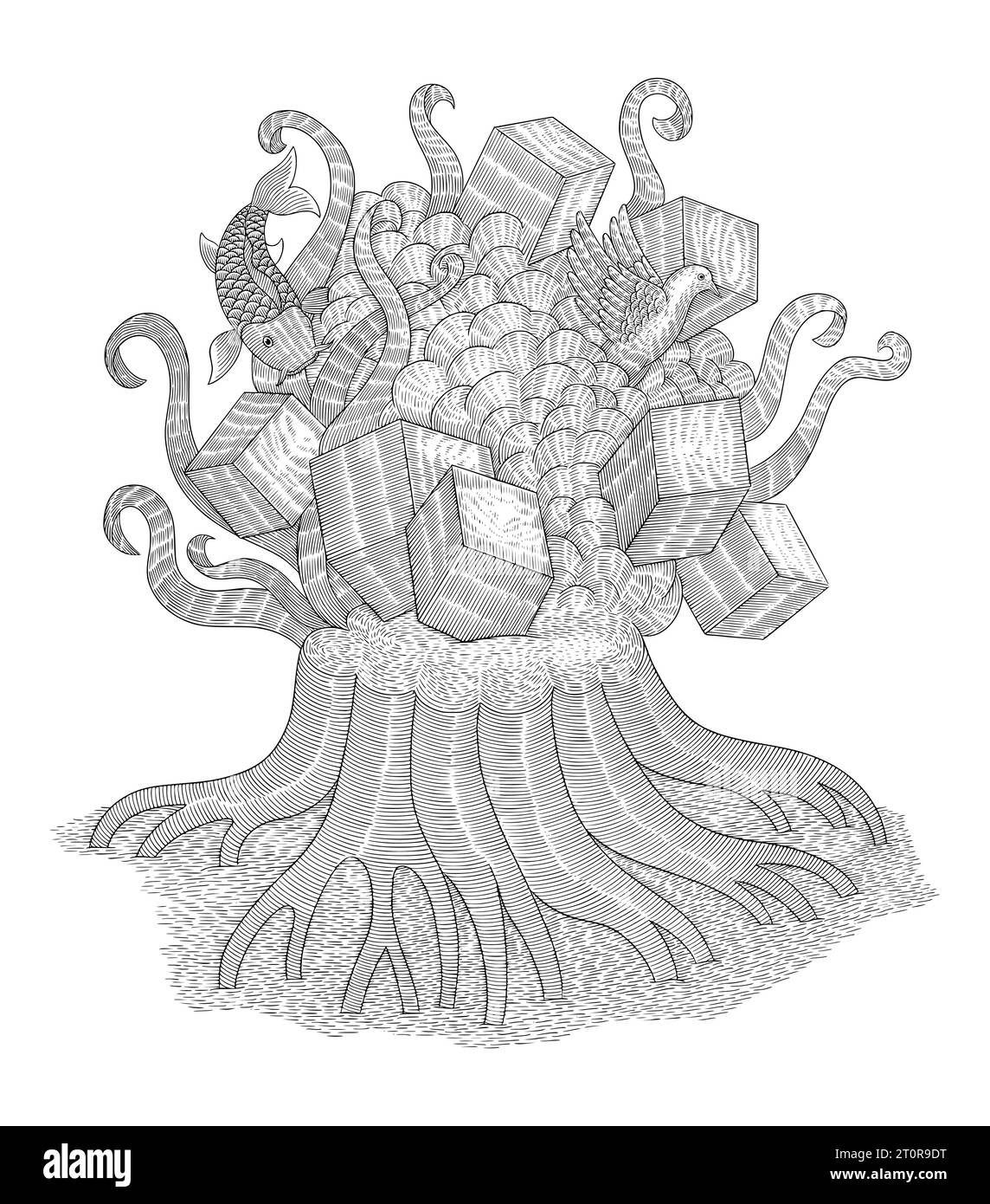 Ceppo di alberi con sette cubi, colombe e pesci koi, illustrazione in stile disegno con incisione Vintage Illustrazione Vettoriale