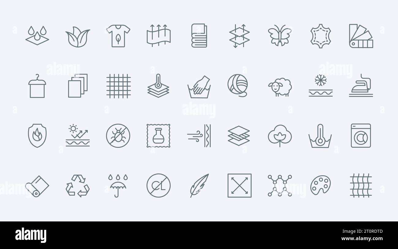 Le icone delle linee sottili relative a funzioni e proprietà di tessuto consentono di impostare l'illustrazione vettoriale. Delinea i simboli neri di pelle e lana, tessuti di cotone e piume, materiali e strati antibatterici e impermeabili Illustrazione Vettoriale
