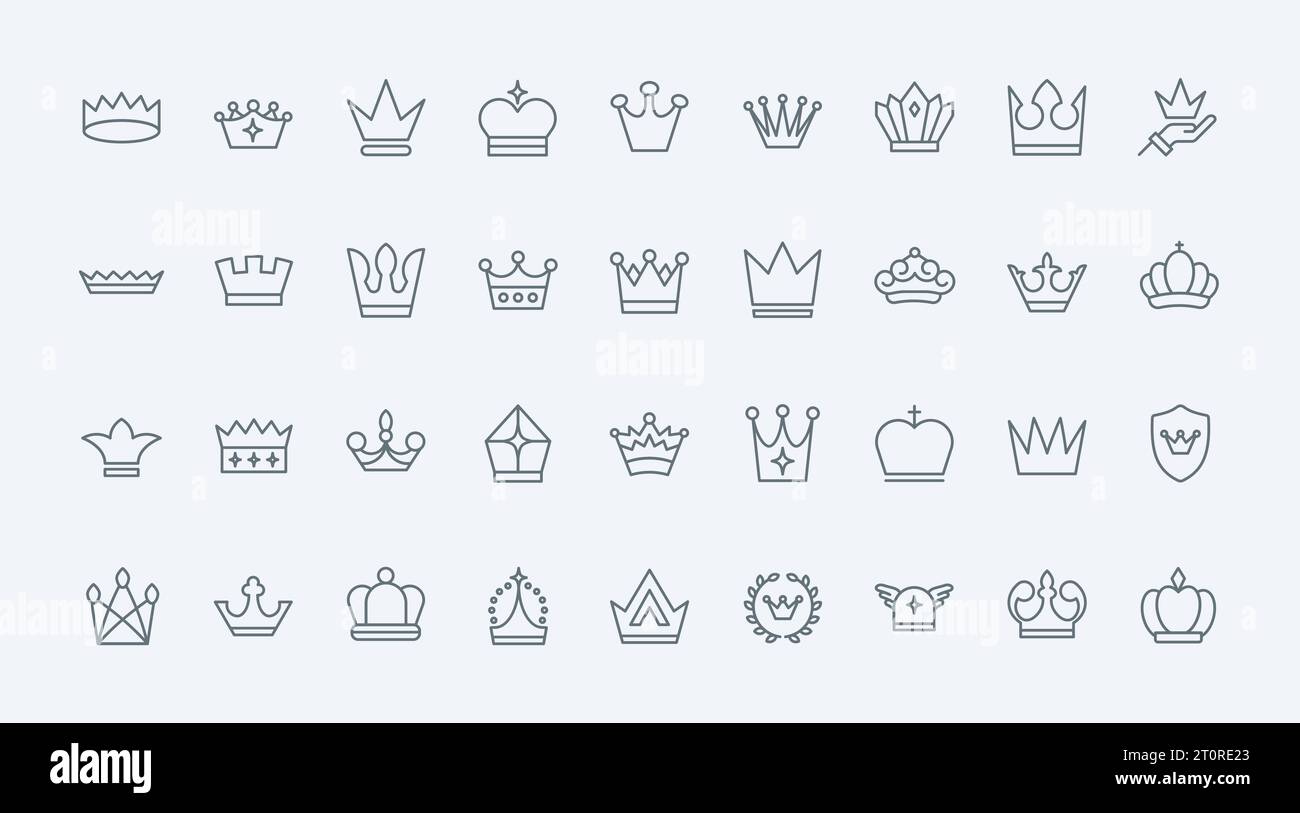 Le icone della linea della corona consentono di impostare l'illustrazione del vettore. Simboli di lusso astratti e sottili, semplici tiaras reali di re o regina, corona di scacchi, emblema araldico classico sullo scudo Illustrazione Vettoriale