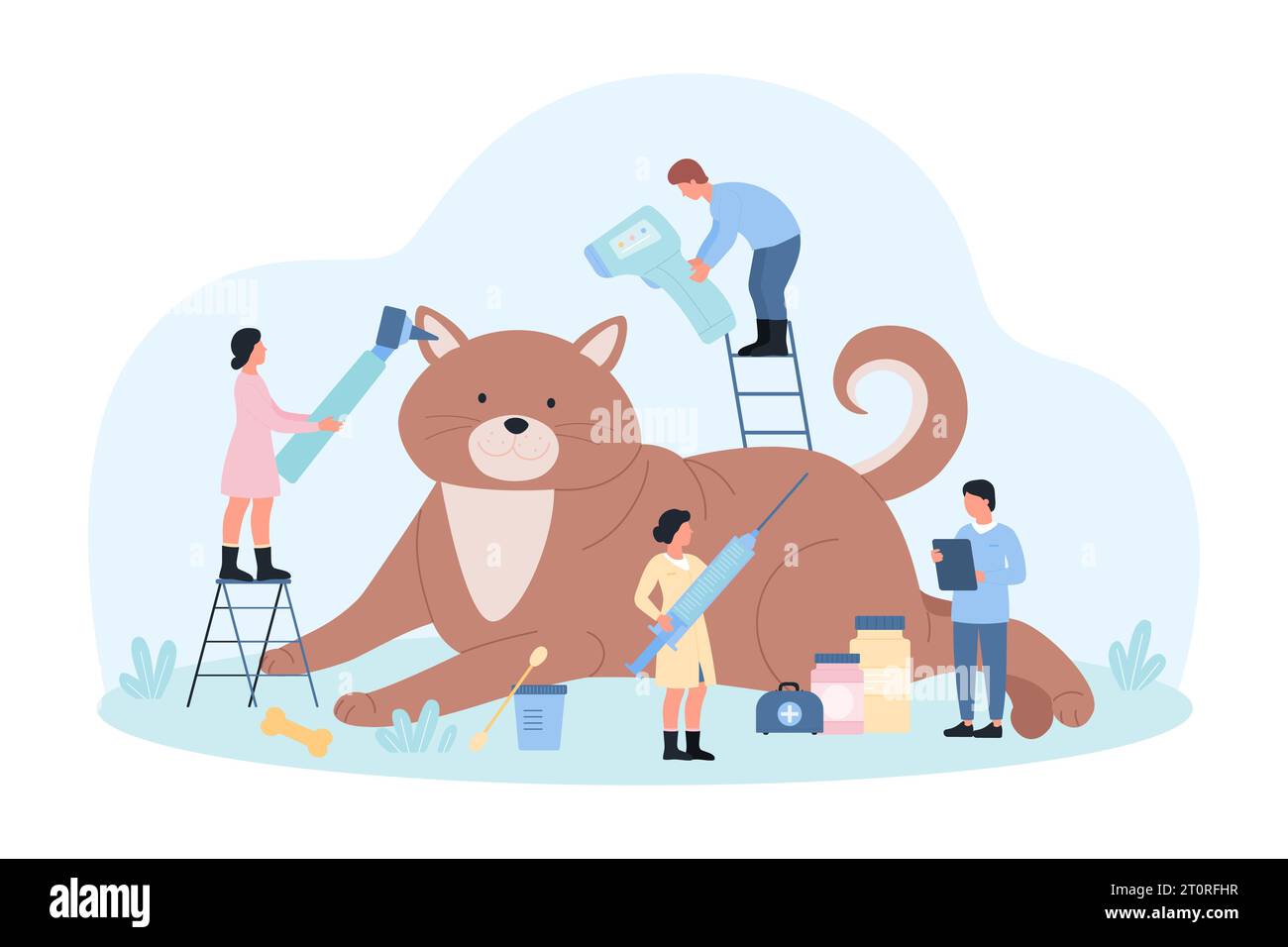 Servizi veterinari per l'illustrazione di vettori di animali domestici. Cartoni animati piccoli veterinari cura per gatto gigante, i medici esaminano felice salute gattino carino, pulizia orecchie e guarigione con vaccino in ospedale veterinario Illustrazione Vettoriale