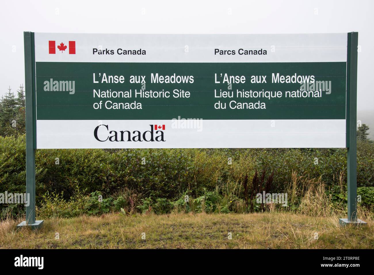 L'insegna Parks Canada l'Anse aux Meadows a Newfoundland & Labrador, Canada Foto Stock