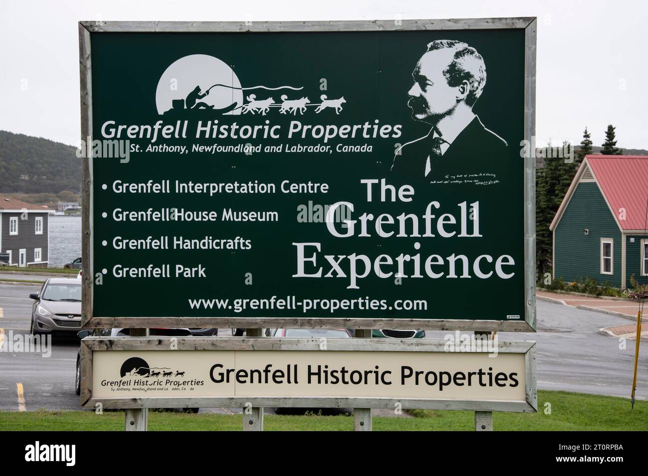 Insegna Grenfell Historic Properties a St. Anthony, Newfoundland & Labrador, Canada Foto Stock