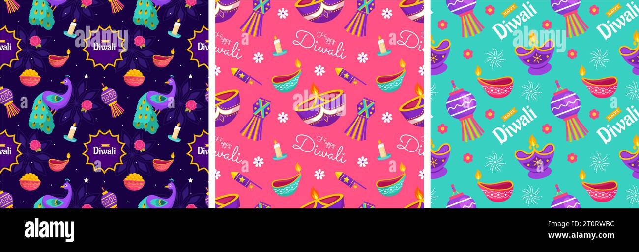 Happy Diwali Seamless Pattern Illustration Design con Light Festival of India Ornament in Cartoon Hand Drawn Template Illustrazione Vettoriale