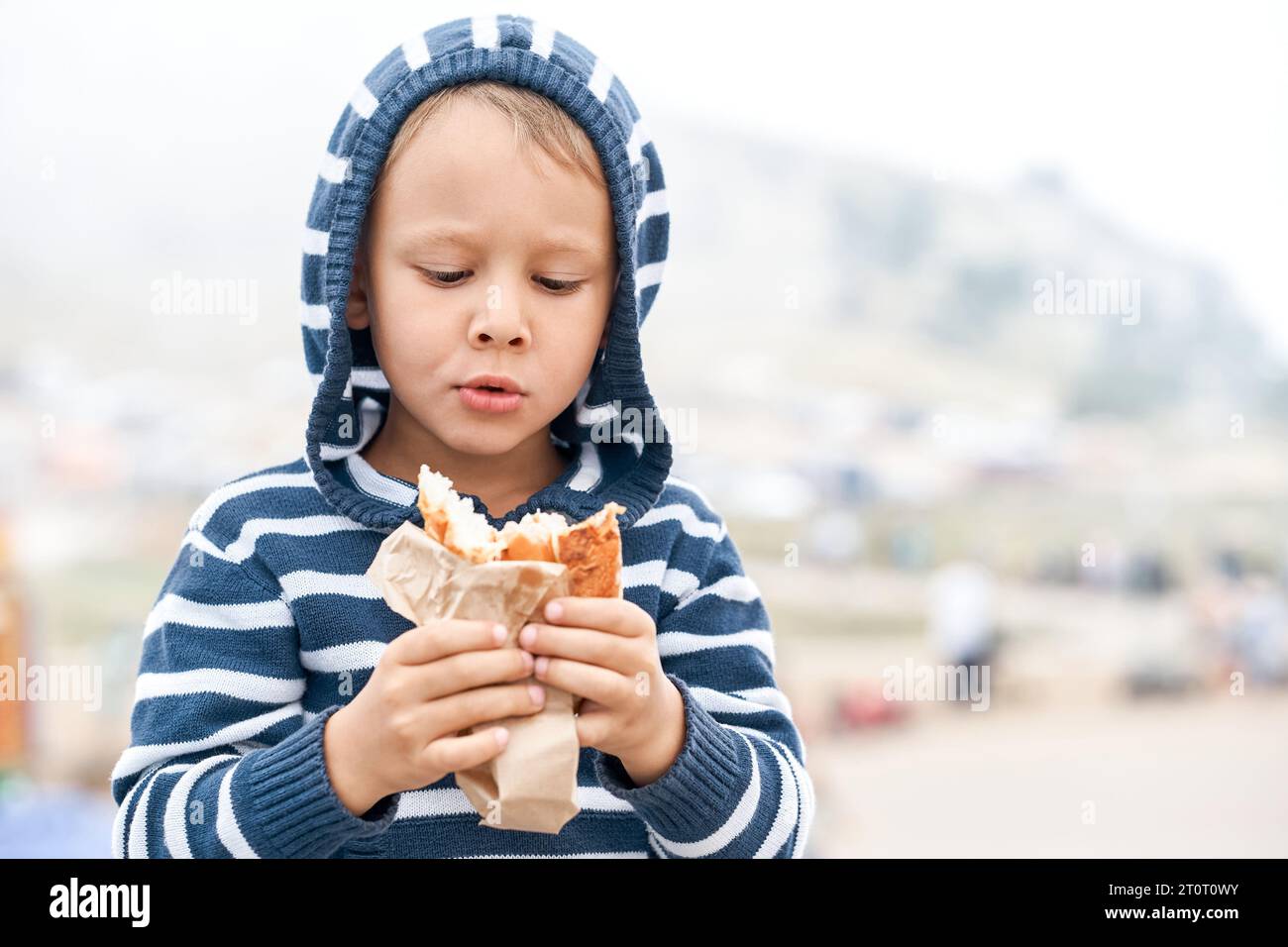 Un bambino adorabile tiene un gustoso hot dog che cammina nel parco di montagna. Bambino che mangia uno spuntino sano sul ritratto di viaggio. Calma ragazzo con panini all'aperto Foto Stock