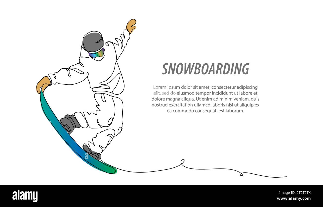 Sfondo vettoriale snowboarder, banner, poster. Trucchi da snowboard, freestyle, freeride. Un disegno a linee continue raffigurante i trucchi dello snowboard Illustrazione Vettoriale