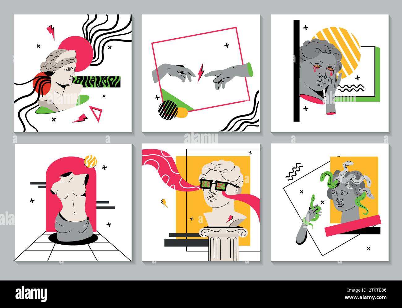 Poster alla moda con piazza vettoriale psichedelica con antica scultura greca, colonna romana ed elementi surreali. Design della copertina, post sui social media con statue moderne, forme geometriche in colori neon. Illustrazione Vettoriale