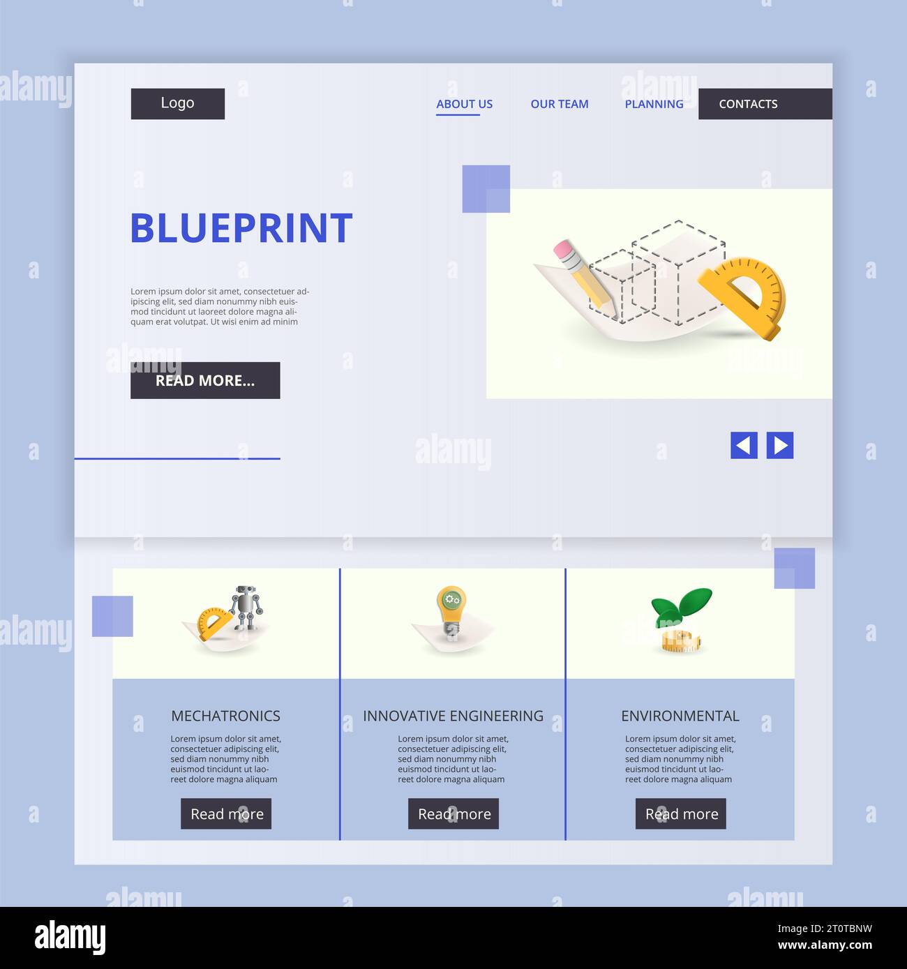 Modello di pagina di destinazione piatta per Blueprint. Meccatronica, ingegneria innovativa, ambiente. Banner Web con intestazione, contenuto e piè di pagina. Vettore Illustrazione Vettoriale