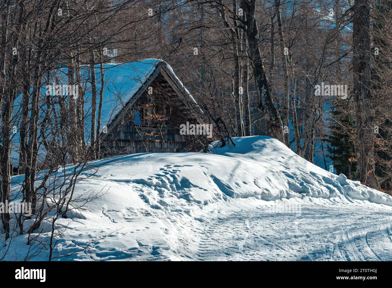 Cottage di montagna sotto la neve in inverno, attenzione selettiva Foto Stock