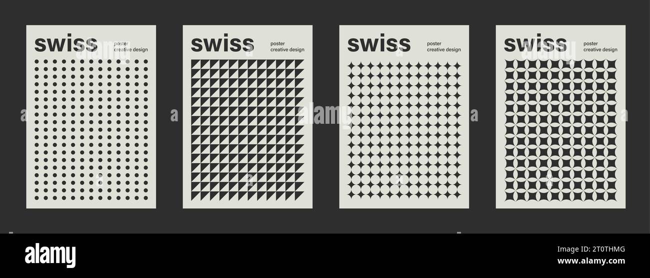 Modelli vettoriali per la progettazione di poster con motivi svizzeri. Volantini astratti e brutalisti geometrici retrò, copertine di riviste, striscioni Illustrazione Vettoriale