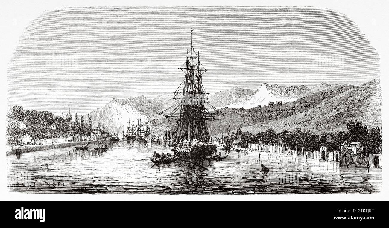 Il porto di Gravosa vicino a Dubrovnik, sulla costa dalmata, Croazia. Europa. Viaggio in Albania e Montenegro nel 1858 dell'esploratore francese Guillaume Lejean. Incisione del vecchio XIX secolo da le Tour du Monde 1860 Foto Stock