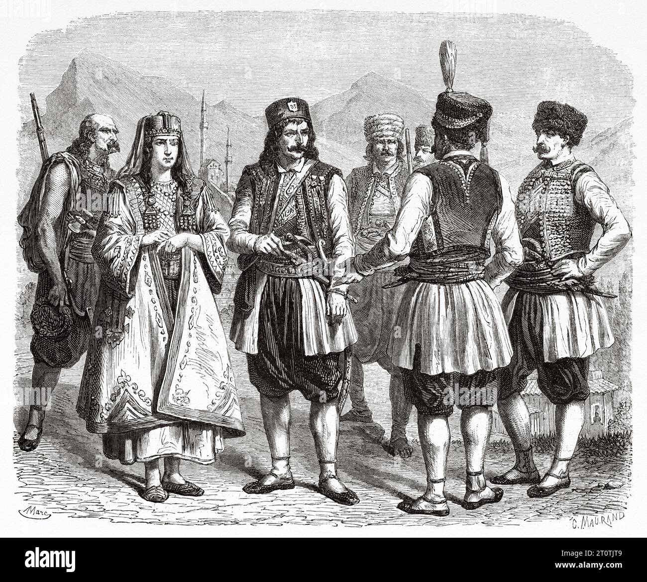 Costumi tradizionali montenegrini, Montenegro. Europa. Viaggio in Albania e Montenegro nel 1858 dell'esploratore francese Guillaume Lejean. Incisione del vecchio XIX secolo da le Tour du Monde 1860 Foto Stock