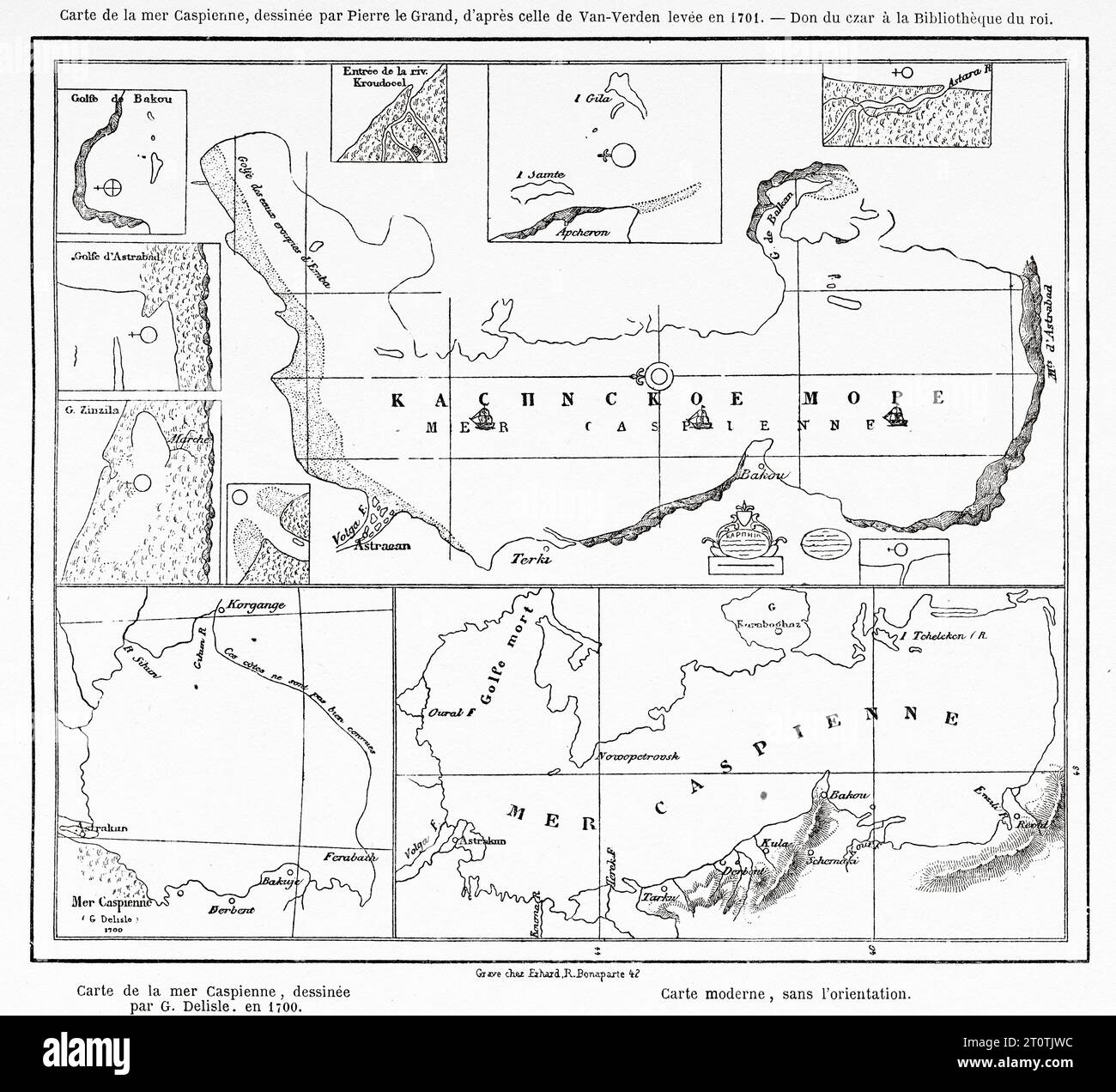 Vecchia mappa del Mar Caspio disegnata da Pietro il grande dopo quella di Van-Verden disegnata nel 1701. Viaggio verso la costa del Caspio nel 1858. Incisione del vecchio XIX secolo da le Tour du Monde 1860 Foto Stock