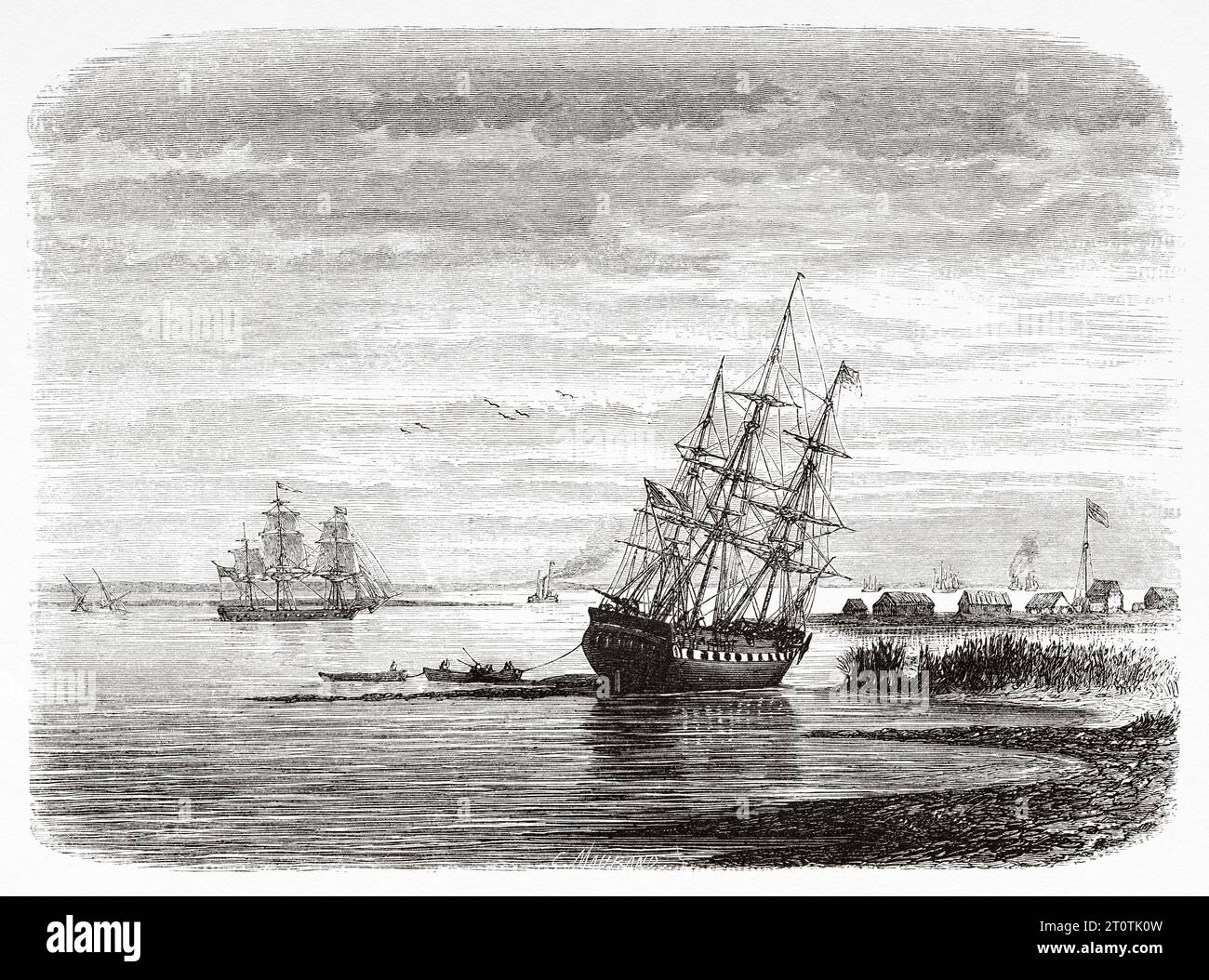 Mississippi Mouth, USA. Frammento di un viaggio a New Orleans nel 1855 di Elisee Reclus (1830 - 1905). Incisione del vecchio XIX secolo da le Tour du Monde 1860 Foto Stock