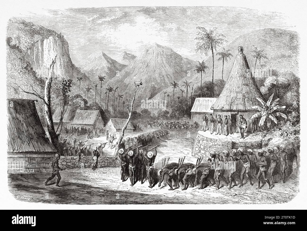 Le isole Figi danzano guerrieri, le isole Figi. Melanesia, Oceania nel sud-ovest dell'Oceano Pacifico. Viaggio al Great viti, grande oceano equinocziale di John Denis Macdonald 1855. Incisione del vecchio XIX secolo da le Tour du Monde 1860 Foto Stock