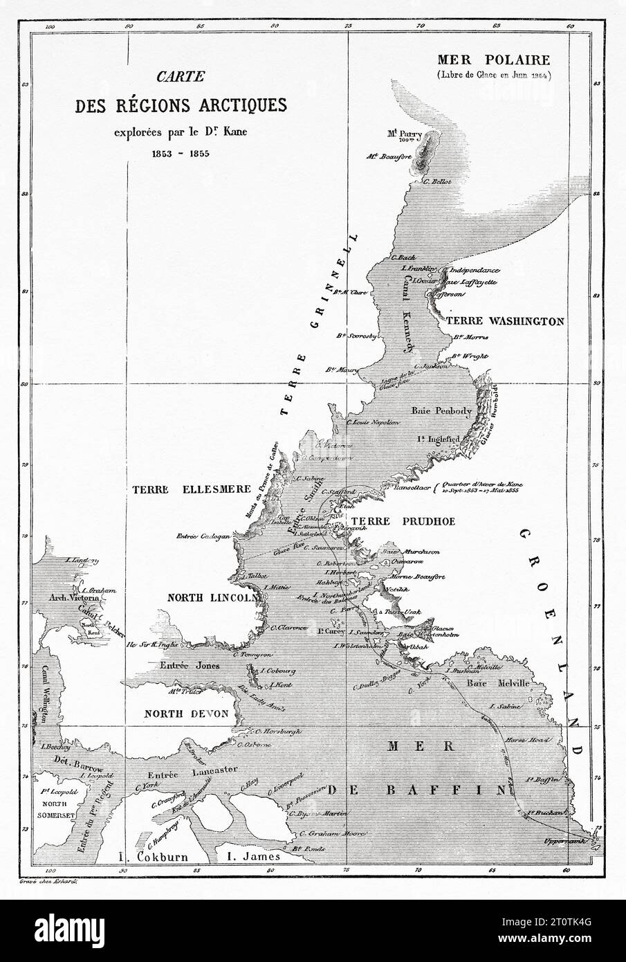 Mappa delle regioni artiche esplorata da Elisha Kent Kane 1853-1855. Incisione del vecchio XIX secolo da le Tour du Monde 1860 Foto Stock