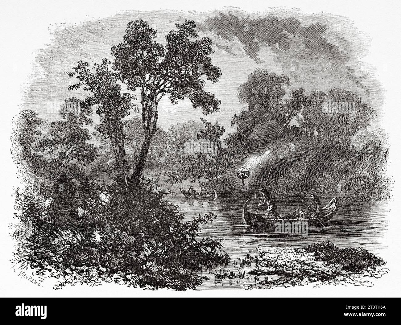 Saulteaux native Americans torch light Fishing, Ontario, Canada. Esplorazione delle Montagne Rocciose nel 1857-1859 da parte del capitano John Palliser. Incisione del vecchio XIX secolo da le Tour du Monde 1860 Foto Stock