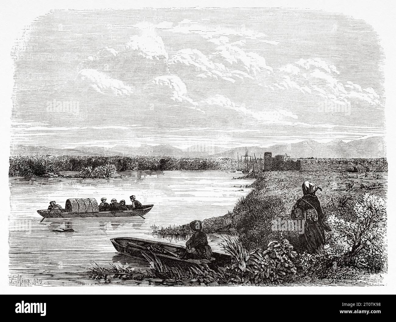 Vecchia vista del fiume Phasis vicino al porto di Poti, Georgia. Viaggio nel Mar Nero e nel Mar Caspio nel 1858 da Moynet. Incisione del vecchio XIX secolo da le Tour du Monde 1860 Foto Stock
