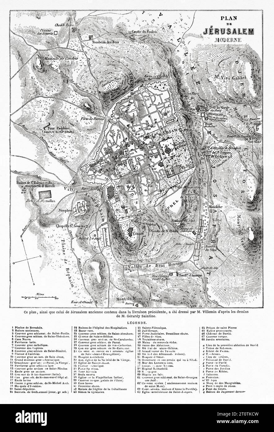 Vecchia mappa di Gerusalemme. Viaggi in Palestina, 1856-1859. Incisione del vecchio XIX secolo da le Tour du Monde 1860 Foto Stock