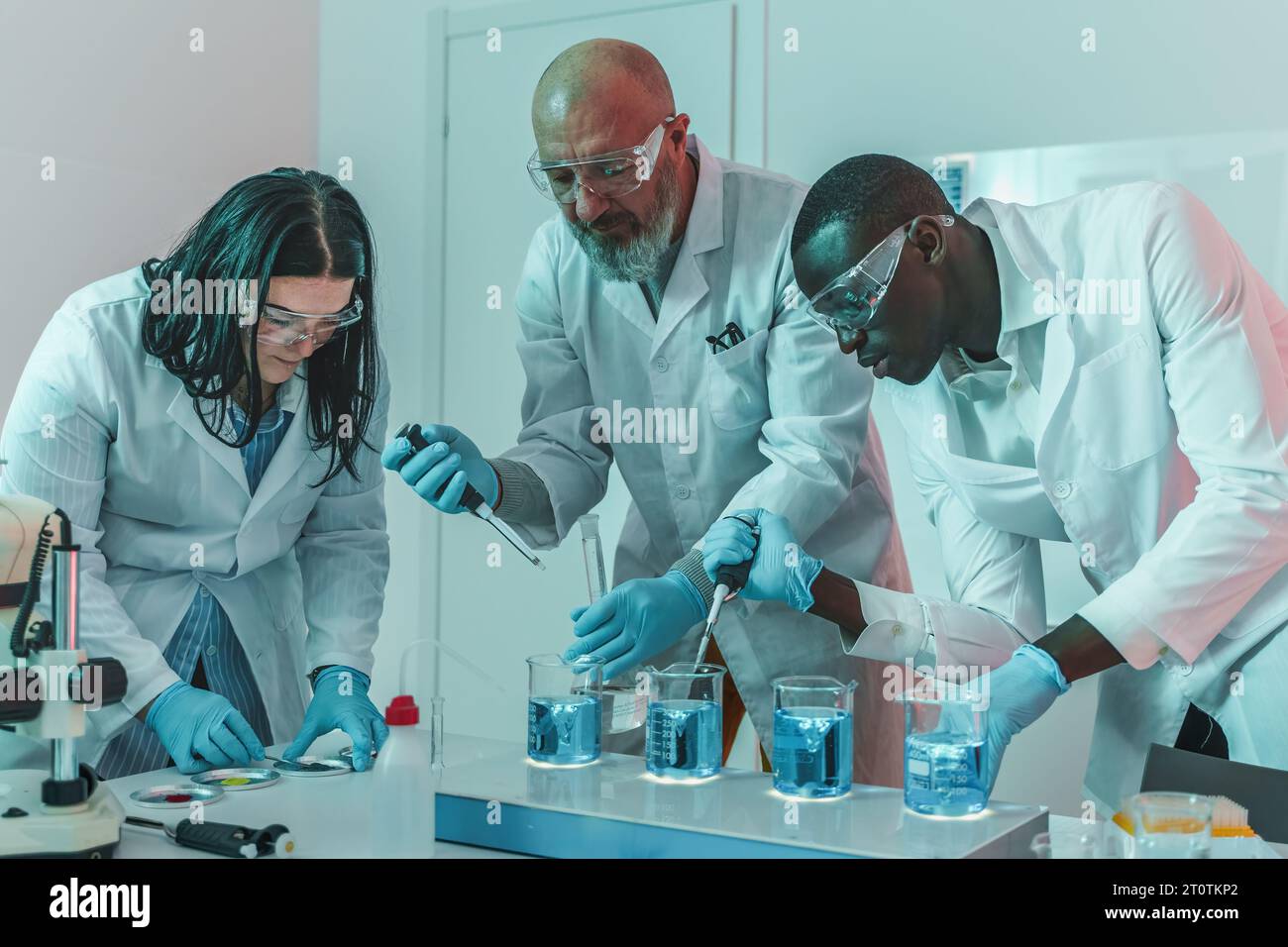 Due giovani scienziati, uno caucasico e uno africano, insieme a un collega caucasico anziano, usano i becher su una piastra calda con un agitatore magnetico in A. Foto Stock