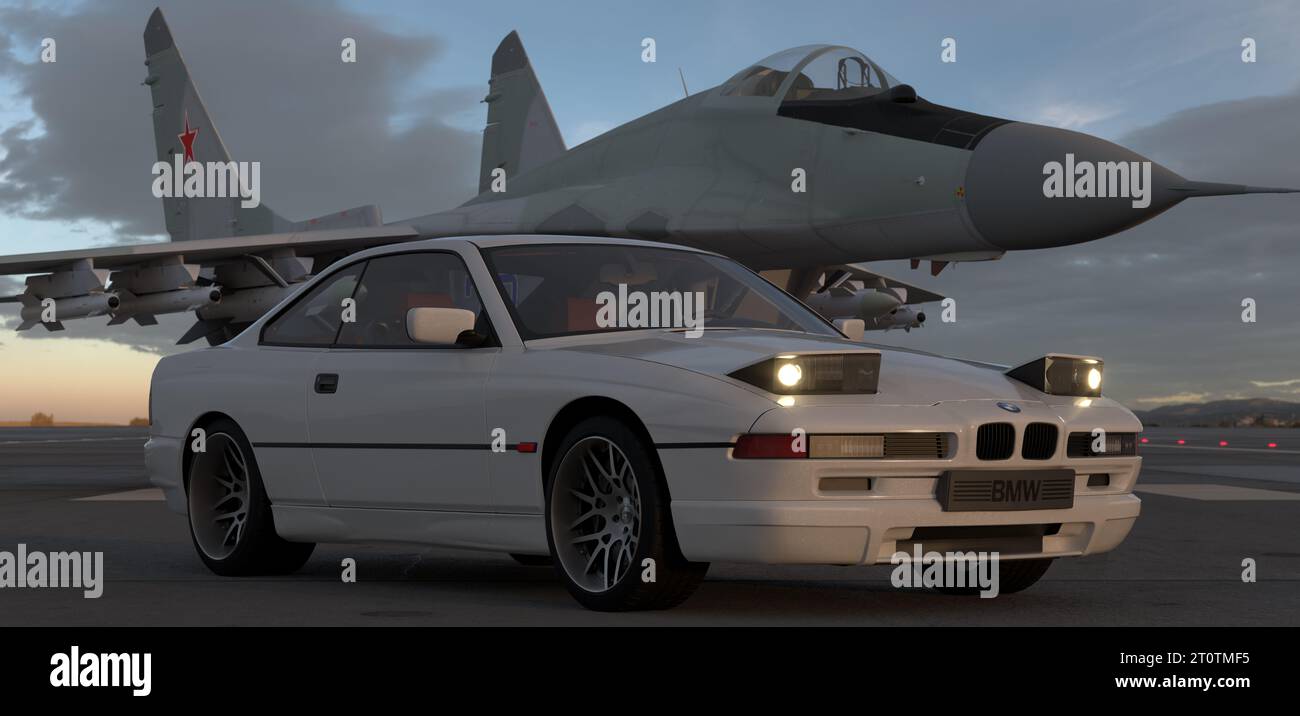 BMW serie 8 classica in un aeroporto militare Foto Stock