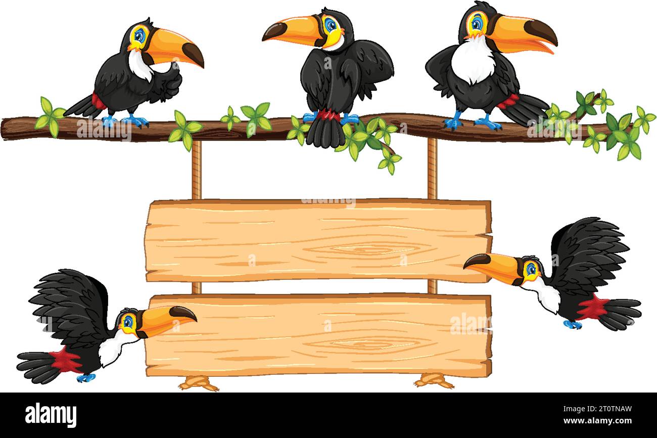 Illustrazione di un cartone animato vettoriale di un tucano arroccato su un ramo di albero con uno striscione di legno Illustrazione Vettoriale