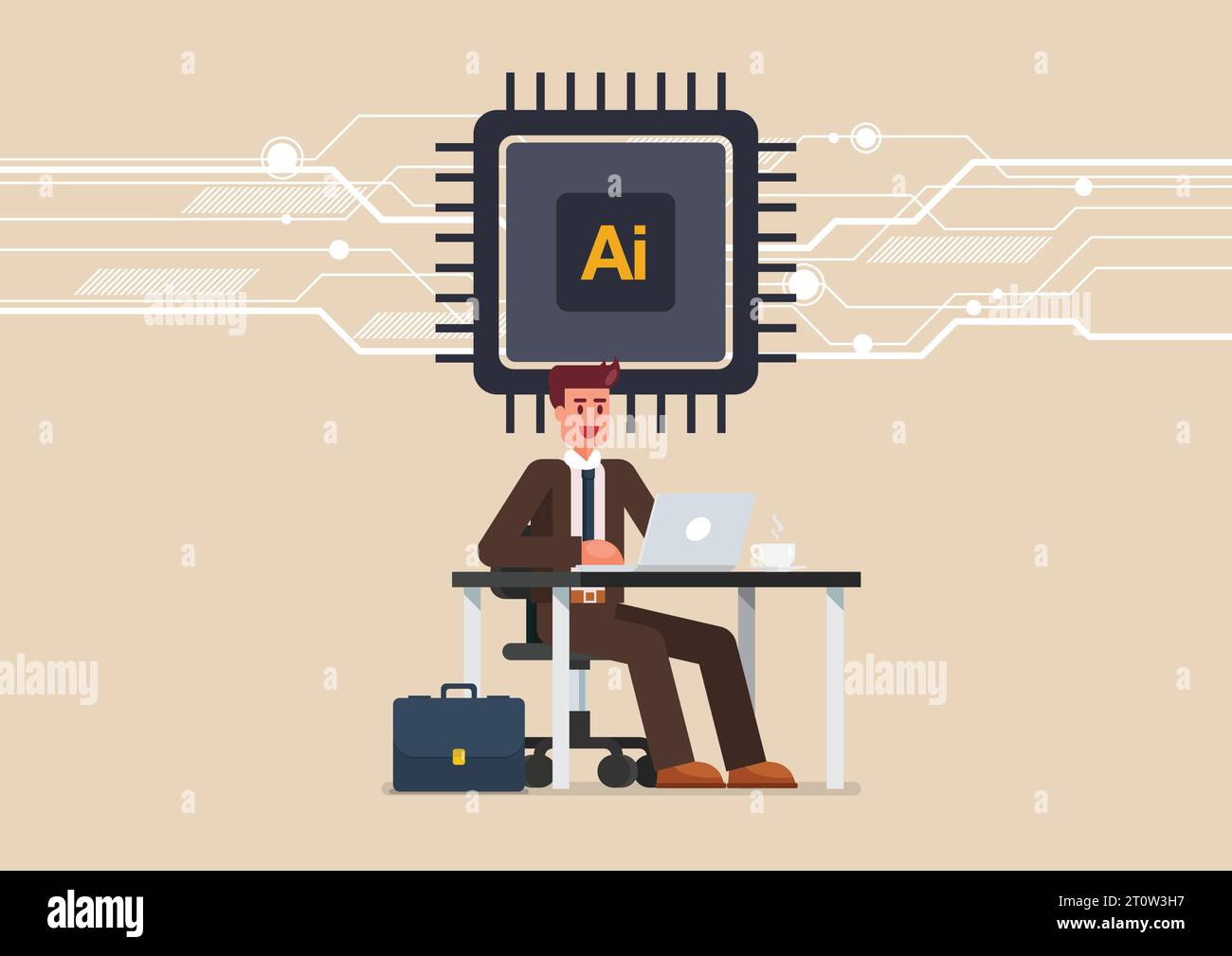 Un uomo d'affari sta lavorando su un computer portatile alla scrivania dell'ufficio con l'icona della cpu del chip ai. Icona del processore IA. Chip di intelligenza artificiale AI. Illustrazione vettoriale Illustrazione Vettoriale