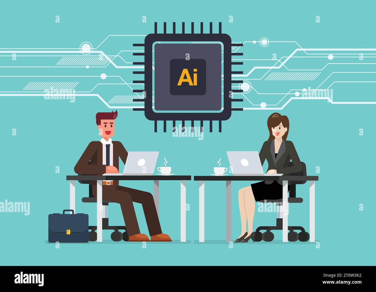 Uomo e donna d'affari stanno lavorando su un computer portatile alla scrivania dell'ufficio con l'icona della cpu del chip ai. Icona del processore IA. Chip di intelligenza artificiale AI. VECTO Illustrazione Vettoriale