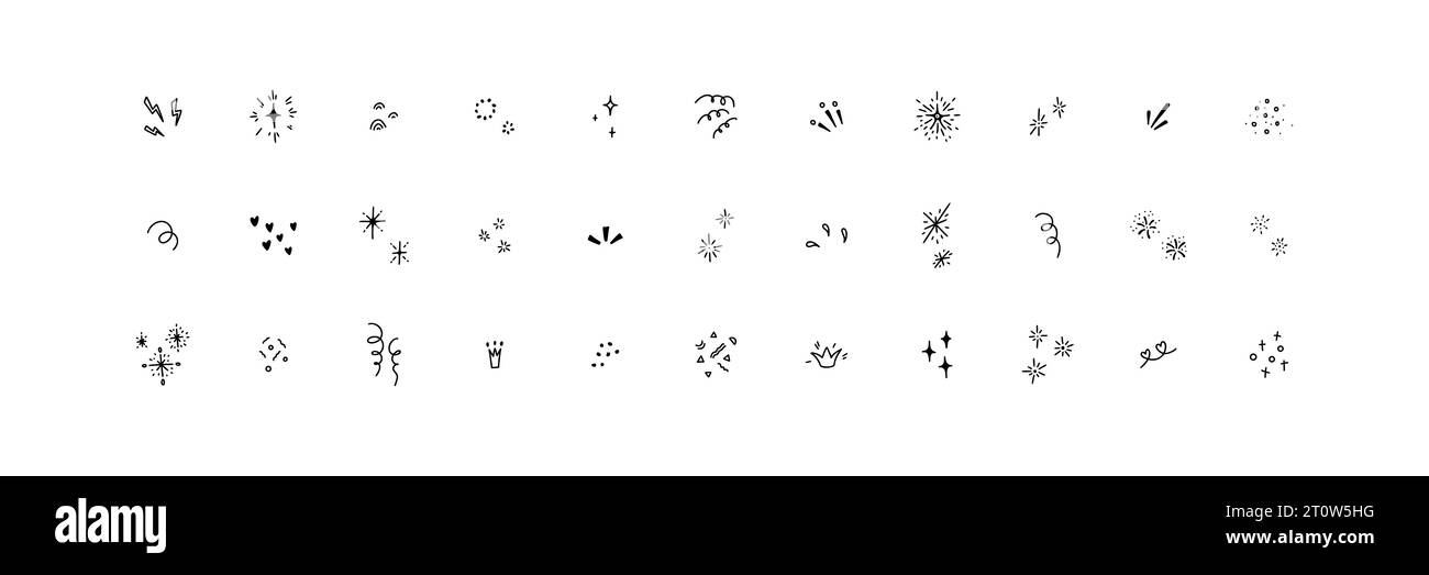 Set di simpatici elementi di scarabocchio per compleanno, anniversario, Natale, invito per bambini e bambini alla festa, poster e decorazioni. Fulmini, esplosione, S Illustrazione Vettoriale