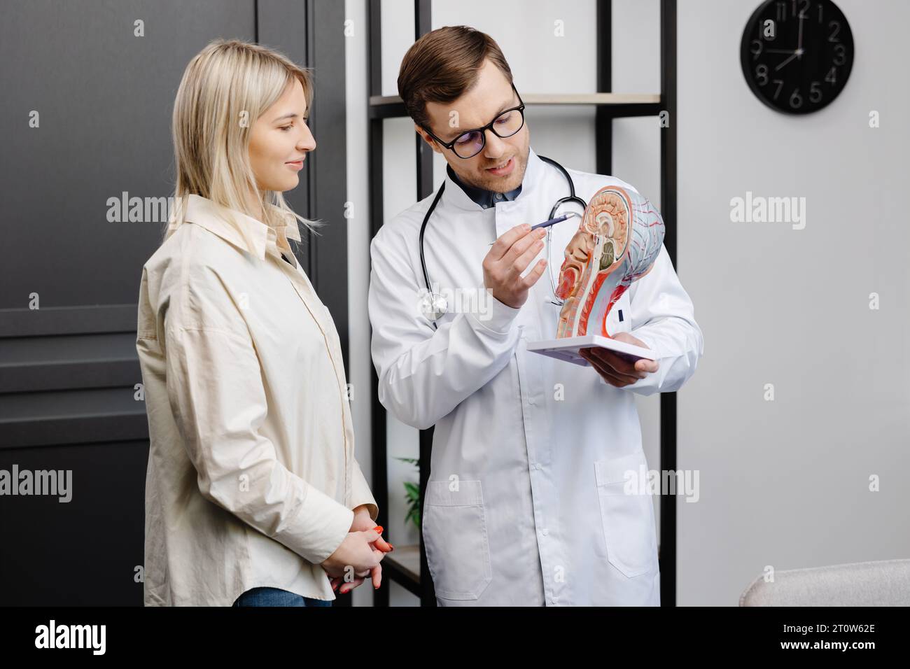 Un giovane medico otolaringologo attraente mostra un modello della testa umana e dice al paziente circa la struttura del sistema respiratorio. Foto Stock