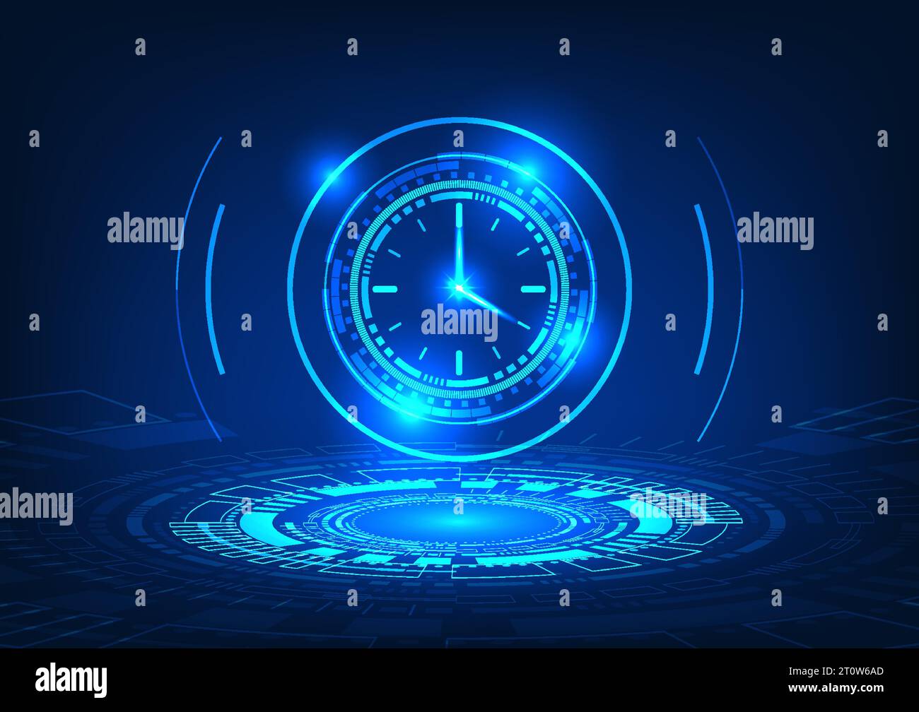 Tecnologia del tempo Un cerchio tecnologico che proietta l'orologio sotto forma di immagine olografica. Si riferisce alla tecnologia sviluppata in tempi rapidi Illustrazione Vettoriale