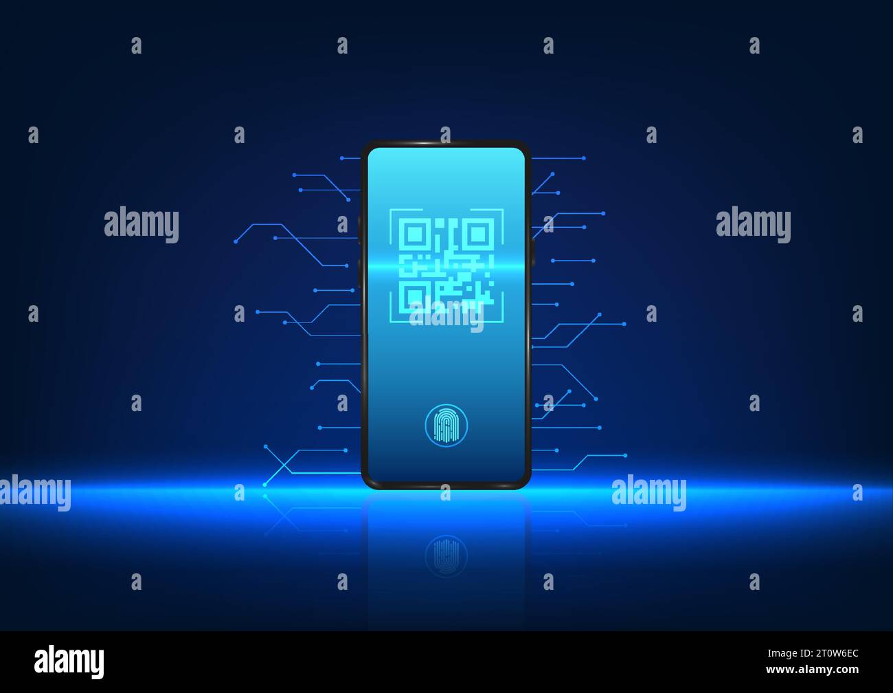 Tecnologia smartphone scansione codice QR il telefono cellulare ha un codice QR sullo schermo e un circuito tecnologico sul retro. Mostra il pagamento o l'accesso a d Illustrazione Vettoriale