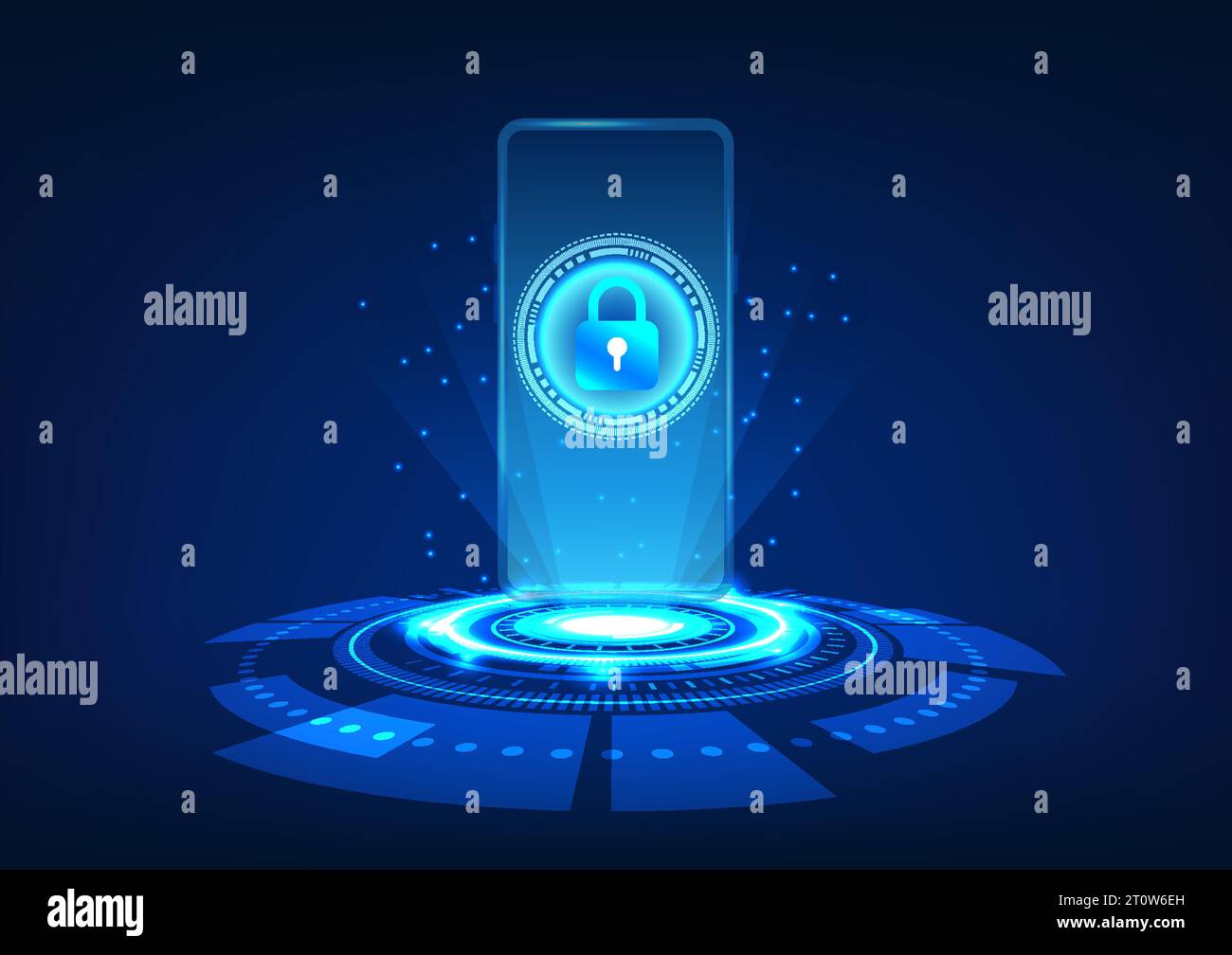 Tecnologia smartphone telefono cellulare ON tecnologia cerchio con schermo e blocco. Sistema di sicurezza mobile. Prevenite il furto e la perdita di dati. Illustrazione Vettoriale