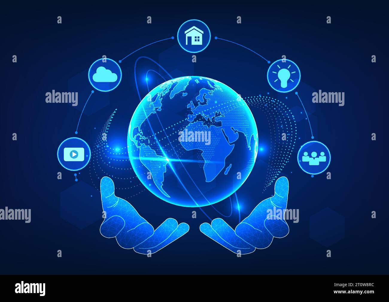 Tecnologia mondiale, due mani che reggono il globo insieme a icone, comunica che la tecnologia raggiunge le persone di tutto il mondo. Accesso alla comunicazione Illustrazione Vettoriale