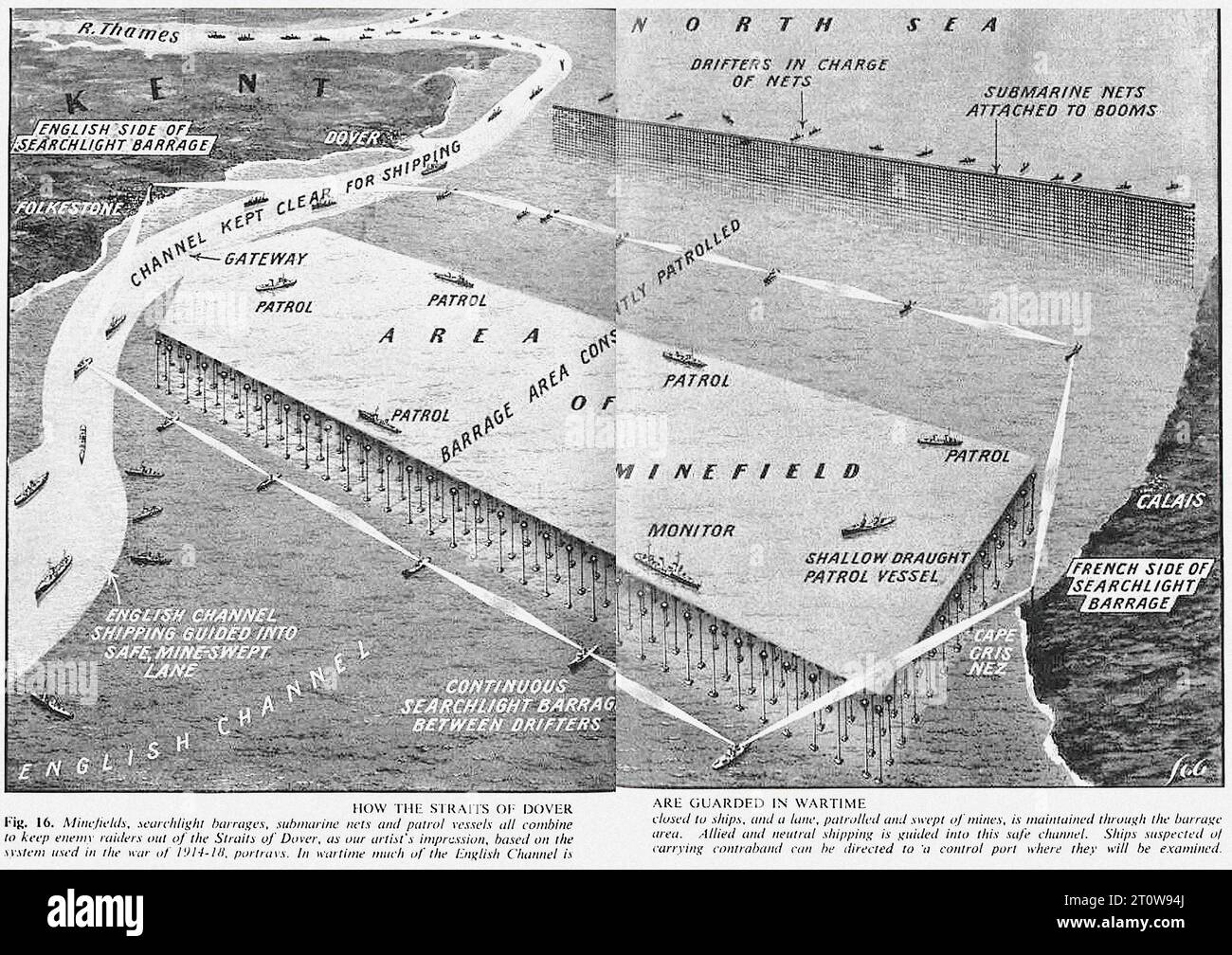 Illustrated Armament Description, British Newspaper - United Kingdom, Second World War: L'immagine è una mappa in bianco e nero del Canale della Manica durante la guerra. La mappa, che mostra il canale della Manica tra dover e Calais, è contrassegnata da diverse aree come “area di pattuglia”, “campo minato” e “sbarramento della Manica”. Indica inoltre la posizione di diversi tipi di navi, come “monitor”, “Shallow Draught Vessel” e “French Side of Barrage”. Il testo di accompagnamento spiega come gli stretti di dover sono protetti in tempo di guerra, menzionando l'uso di proiettori, reti sottomarine e boom Foto Stock
