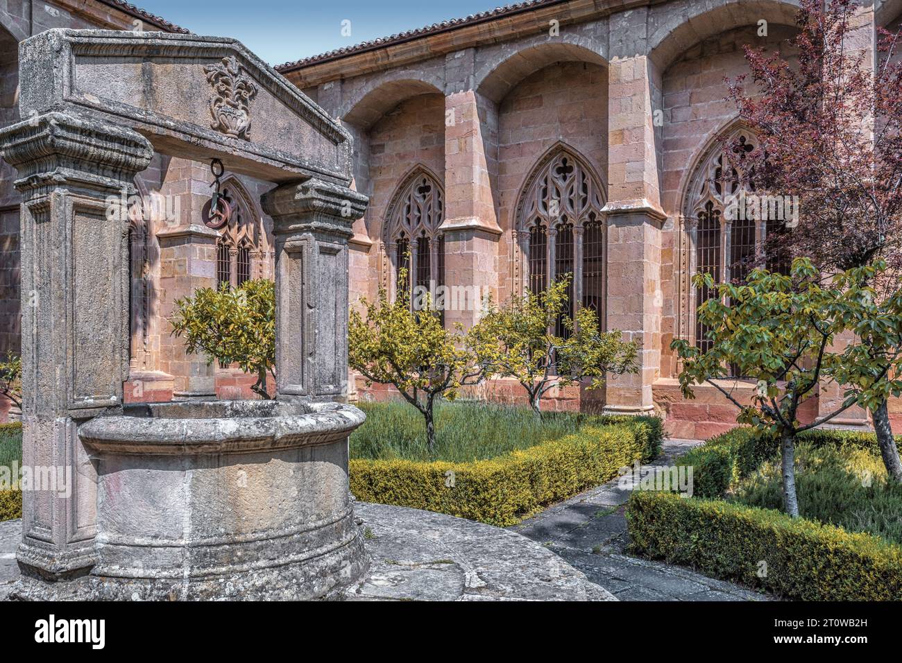 Nel cortile del chiostro della cattedrale di Santa María, città di Sigüenza, provincia di Guadalajara, Castilla la Mancha, Spagna, Europa Foto Stock