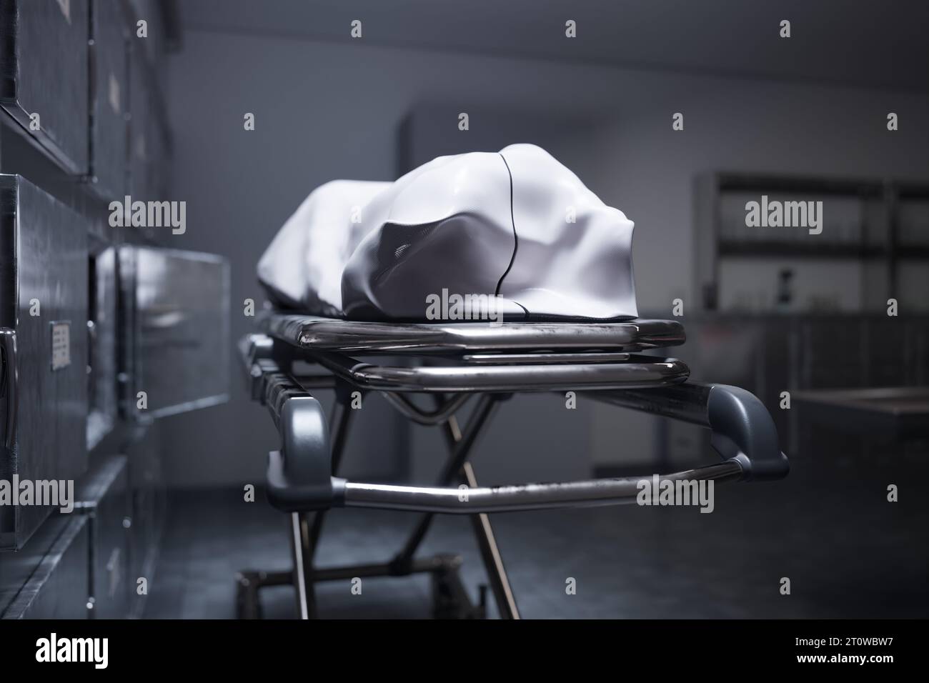 Un'immagine mostra il cadavere coperto con un panno bianco nell'obitorio. In attesa del funerale o della dissezione. La camera è dotata di camere mortuarie Foto Stock